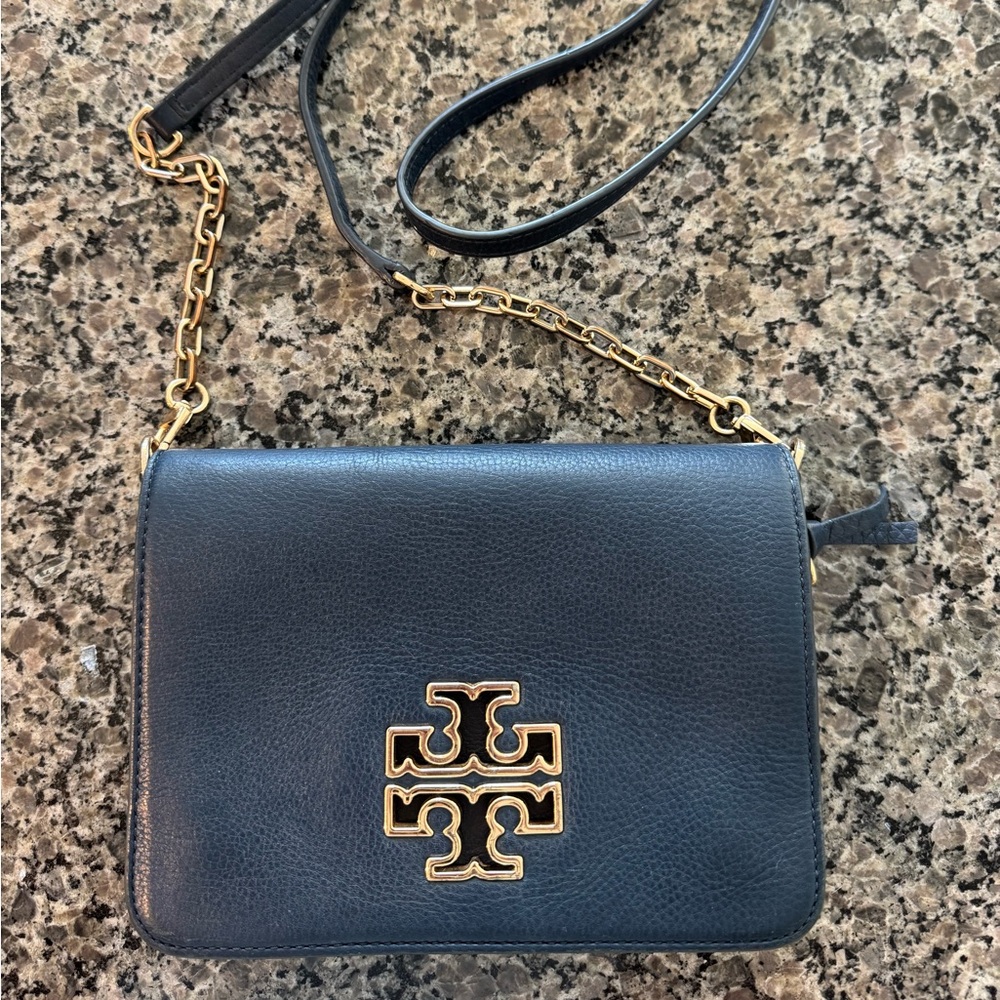 Tory Burch Navy Blue Leather Cross post Bag with Gold Chain